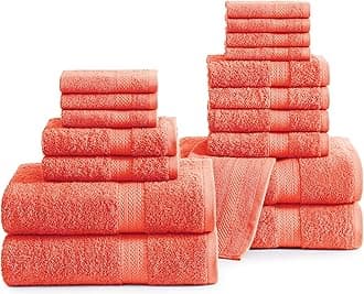 LANE LINEN Cotton Bath Towels for Bathroom Set - 18 PC Bathroom Towels Set - 4 Large Bath Towels, 6 Hand Towels for Bathroom, 8 Washcloths, Turkish Towel Sets for Bathroom, Gym Towels - Living Coral
