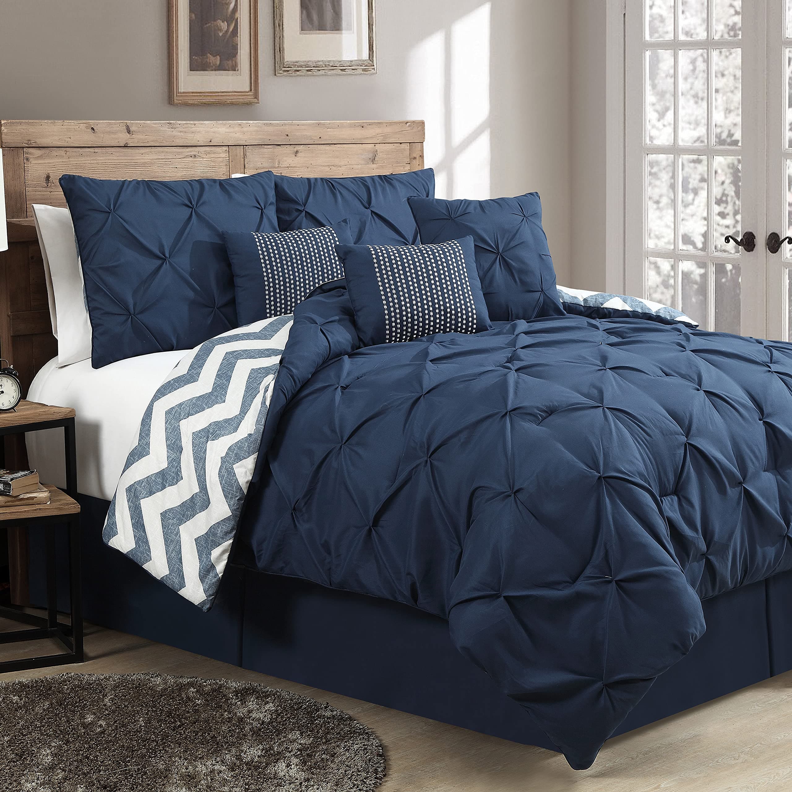 Avondale Manor 7-Piece Ella Comforter Bed Set - Reversible Ultra-Soft Pinch Pleat Navy Bedding Comforter Set with 3 Decorative Pillows for King Bed, Hypoallergenic, 7 Pieces, King Navy