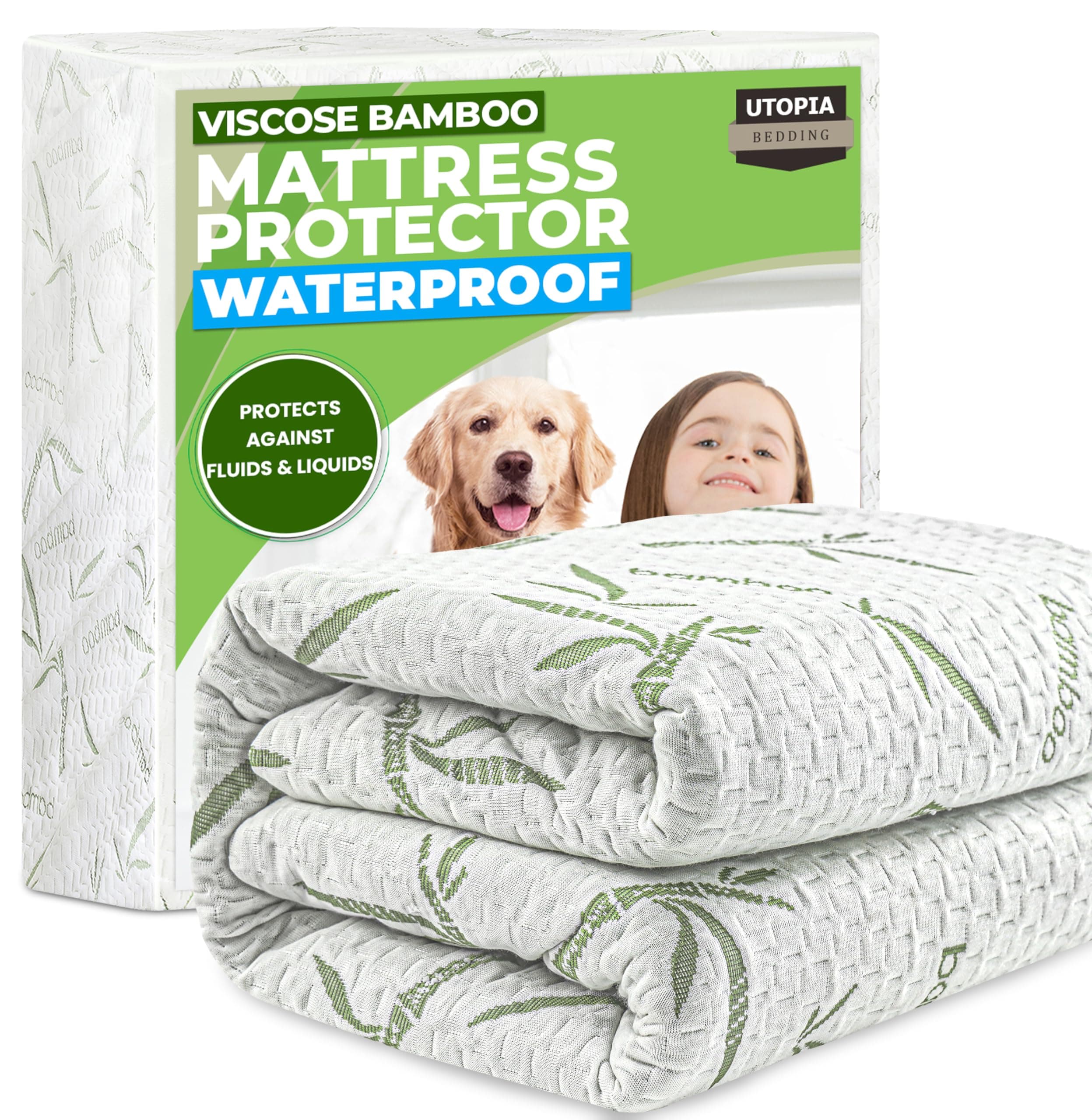 Waterproof Mattress Protector Full Size Bed, Premium 200 GSM Bamboo Viscose Cooling Mattress Cover, Soft and Breathable, Fitted Style with 15 Inches Deep Stretchable Pockets