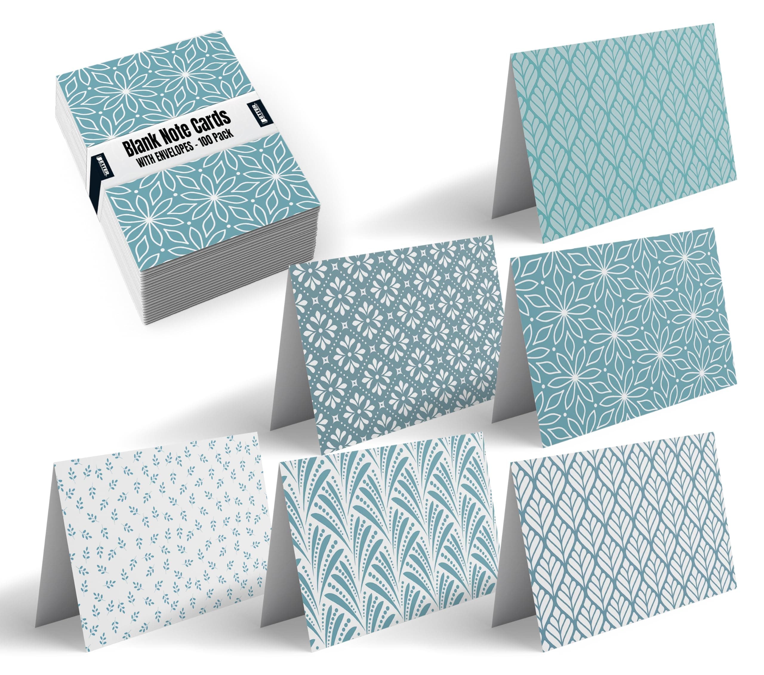 Better Office Products 100-Pack All Occasion Greeting Cards, Assorted Blank Note Cards, 4 x 6 inch, 6 Blue Hue Floral Designs, Blank Inside, with Envelopes, 100 Pack
