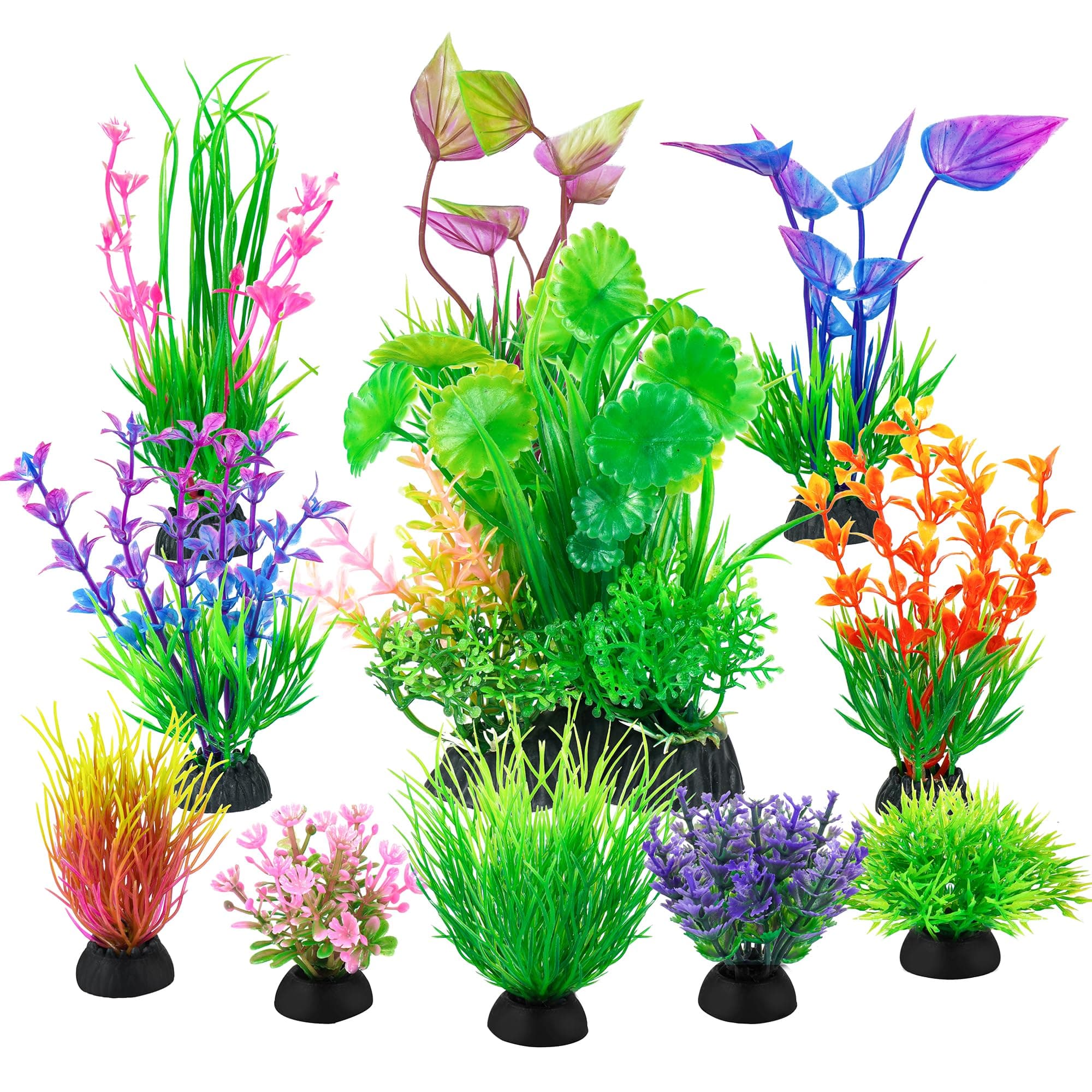 Ameliade Fish Tank Decorations Aquarium Artificial Plastic Grass Plants Decor Small Betta Goldfish Turtle Tank Accessories (11 Pieces)