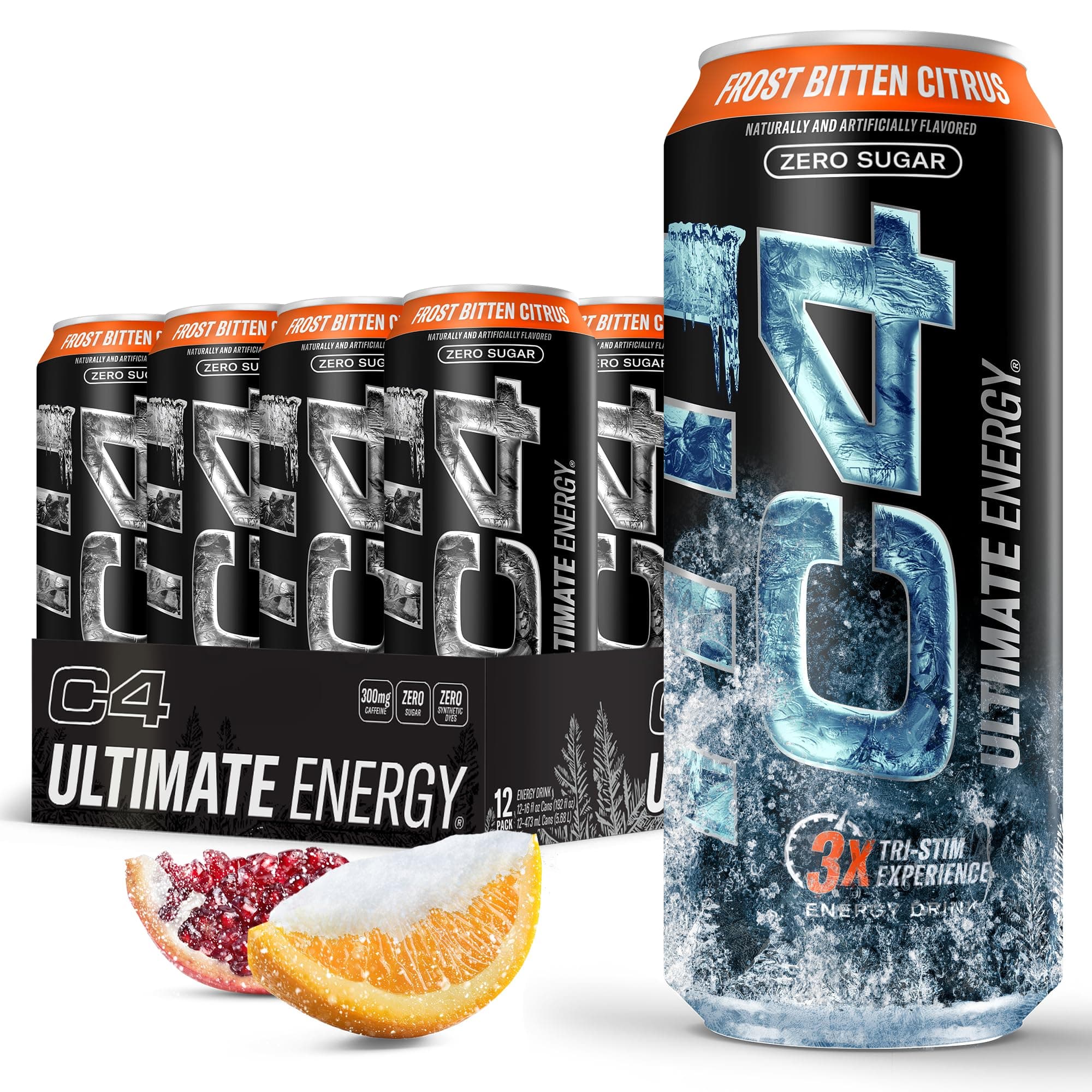 C4 Ultimate Frost Zero Sugar Energy Drink, Tri-Stim Experience with 300mg Caffeine + TeaCrine + Dynamine, Frost Bitten Citrus, 16oz (Pack of 12)
