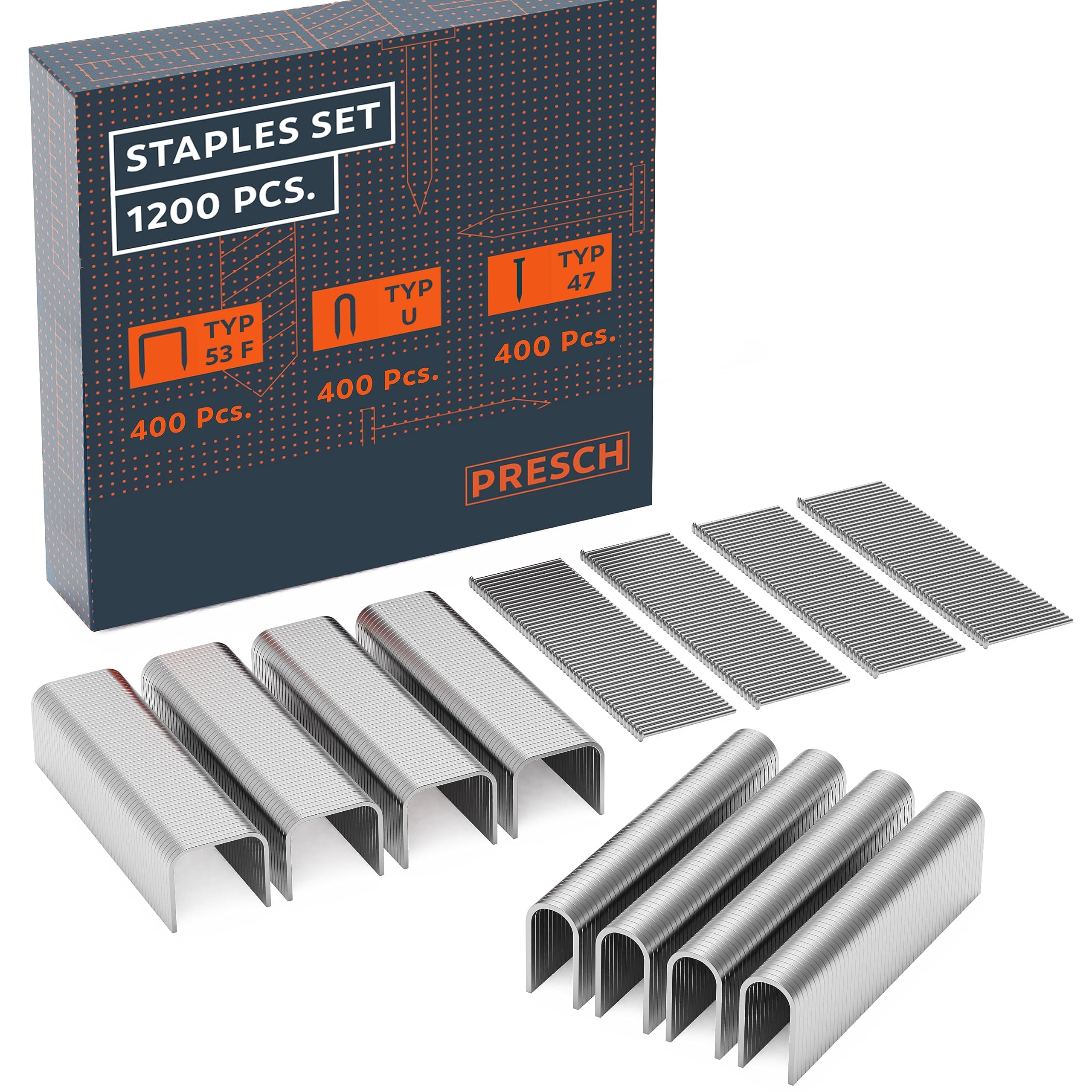 Presch Staple kit for staple gun 1200 pcs - Incl. Type 53F, U-staples and nails for hand tacker