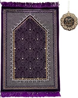 Modefa Turkish Islamic Velvet Prayer Rug - Thick & Wide Soft Praying Carpet for Men & Women - Large Traditional Muslim Salah Mat - Ramadan & Eid Gift - with Car Hanger - Double Plush Topkapi (Purple)