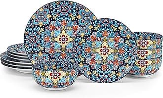 12 Pieces Dinnerware Sets, Red Plates and Bowls Set, Porcelain Dishes Set for 4, Microwave and Dishwasher Safe, Scratch Resistant, Bohemian Style Dining Ware Service for 4, Series SIMI