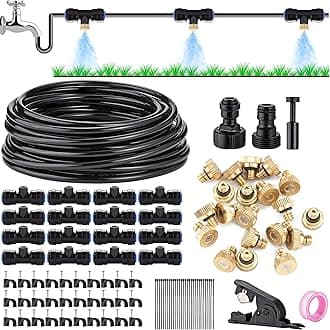 Mornajina Automatic Drip Irrigation Kits Garden Irrigation System, Includes 66FT 1/4 inch Irrigation Tubing Hose & 26Pcs Mist Nozzles Tee & 26Pcs Brass Misting Nozzles for Garden Watering System