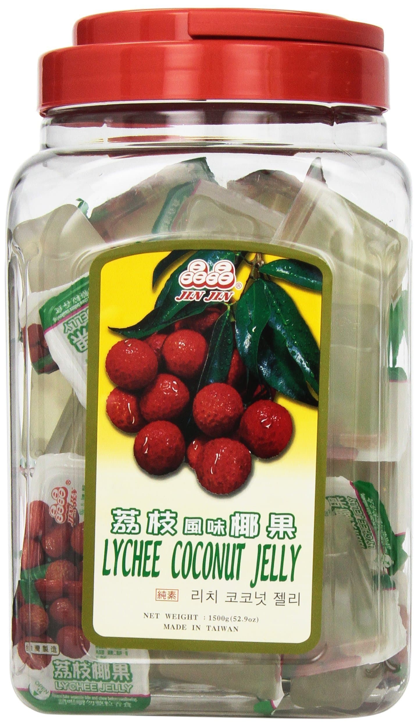 Jin Jin Lychee Coconut Jelly Cups – 52.9 oz Jar (Approx. 40 Cups) – Fruity Asian Snack with Nata de Coco – Fat-Free, Individually Wrapped Lychee Jellies for Kids & Adults
