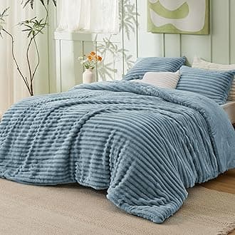 Bedsure Fluffy Comforter Set King Size - Super Soft Faux Fur Bed Set Mineral Blue, Warm Plush Fleece Winter Bedding, 3 Pieces, 1 Shaggy Fuzzy All Seasons King Comforter with 2 Pillowcases
