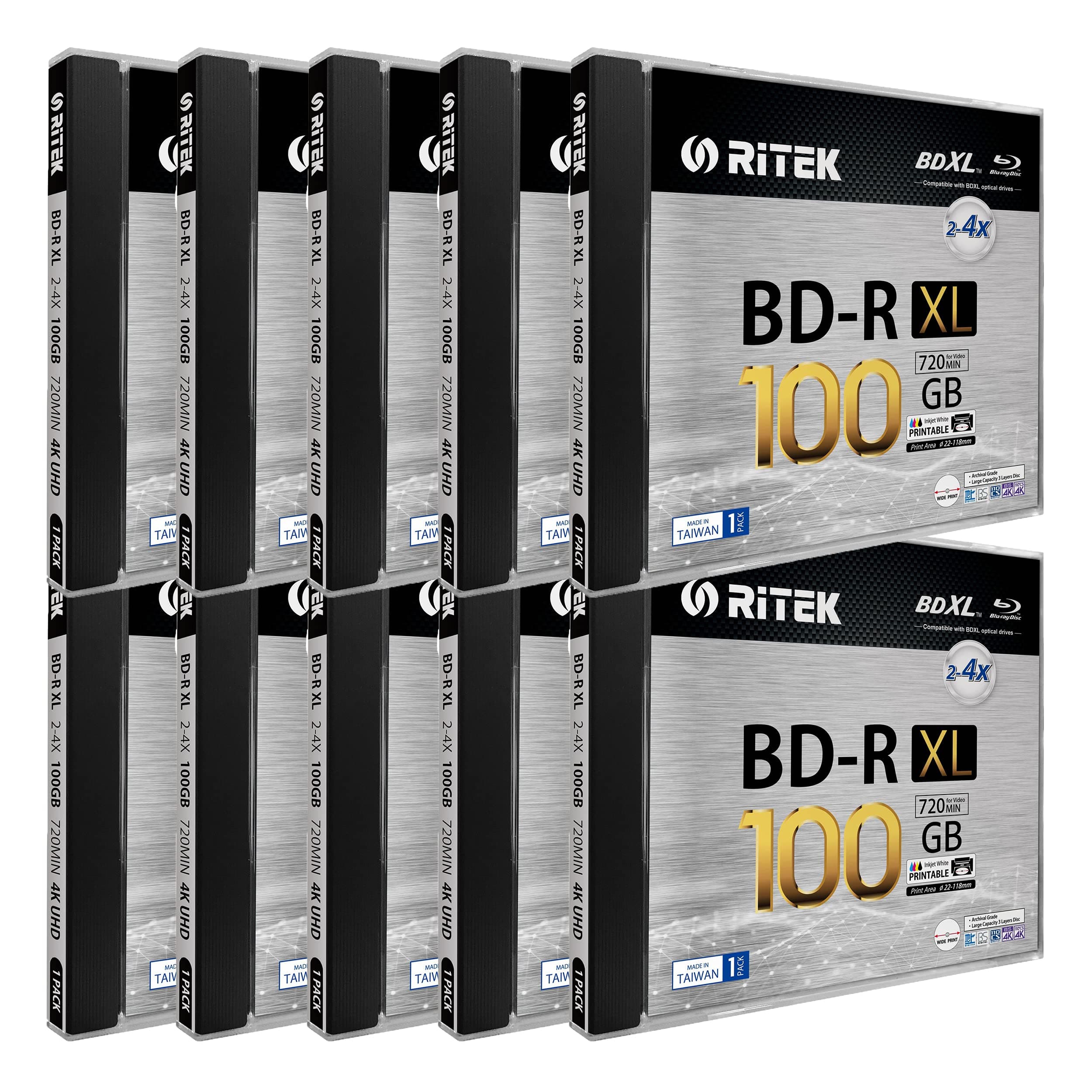 10 Pack Ritek BD-R XL BDXL 100GB Triple Layers 4X White Inkjet Hub Printable Blank Disc w/Standard Jewel Case, BDR1004-RTKIWN1JC