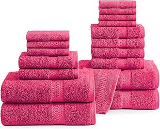 LANE LINEN Cotton Bath Towels for Bathroom Set - 18 PC Bathroom Towels Set- 4 Bathroom Towel Set, 6 Bathroom Hand Towels, 8 Washcloths, Soft Turkish Towel Sets for Bathroom, Quick Dry Towel - Fuchsia