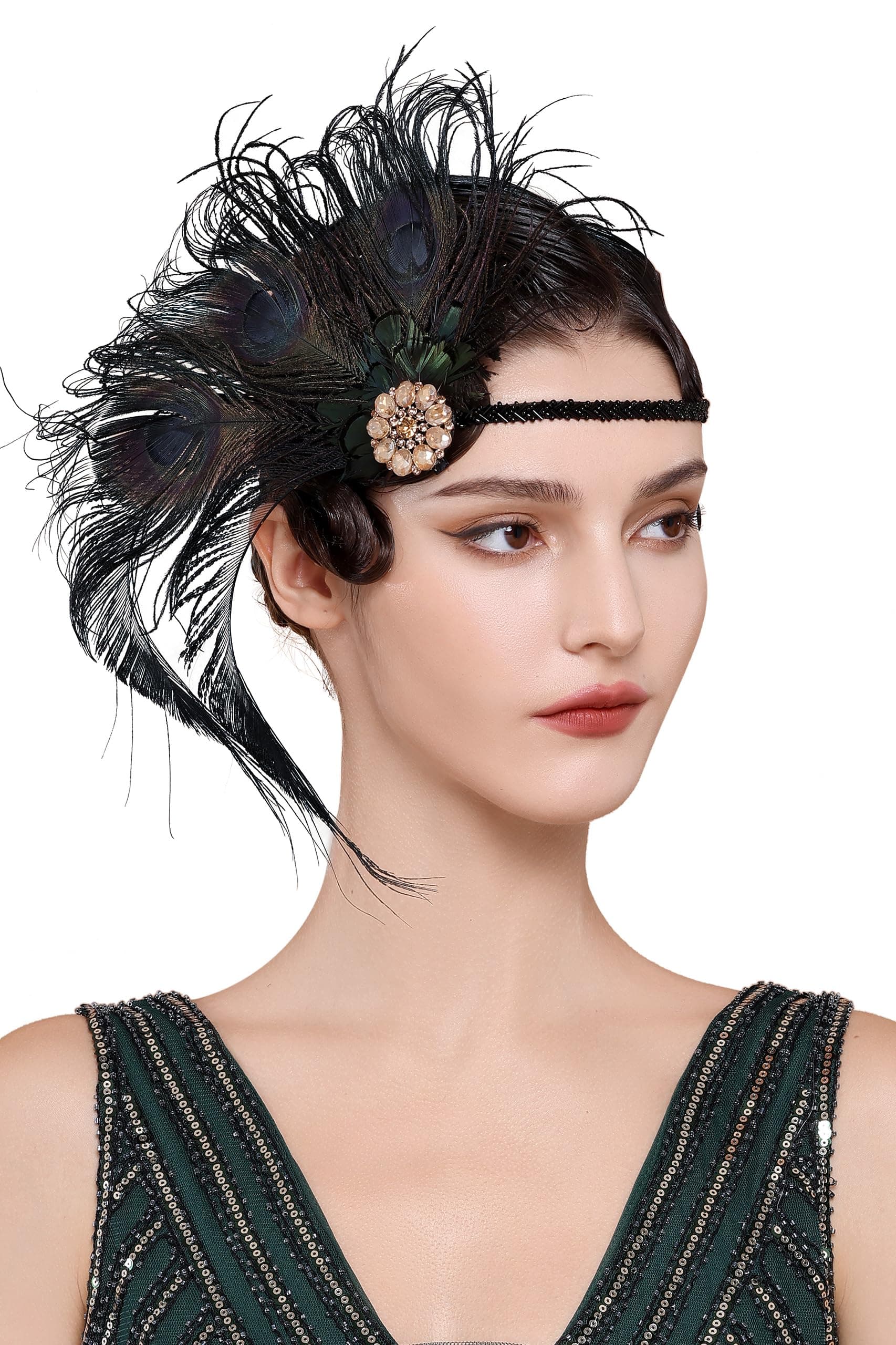 BABEYOND 1920s Flapper Peacock Feather Headband Roaring 20s Beaded Headpiece 1920s Great Gatsby Costume Hair Accessories