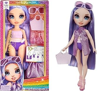 Rainbow High Swim & Style Violet, Purple 11" Fashion Doll with Shimmery Wrap to Style 10+ Ways, Removable Swimsuit, Sandals, Fun Play Accessories, Great Toy Gift for Girls Kids Ages 4-12 Years