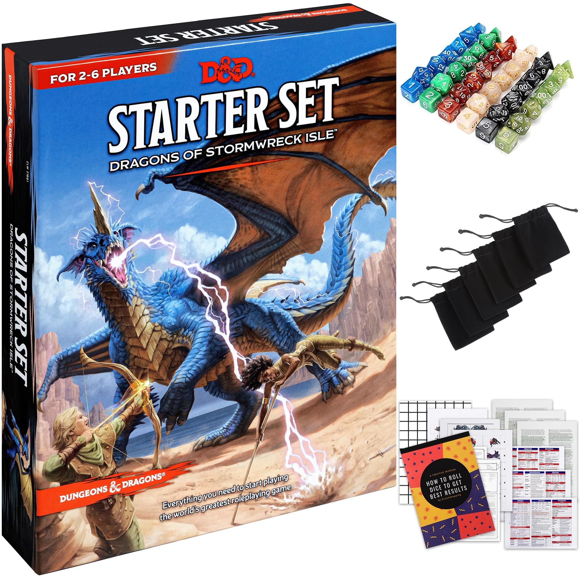 CraftyCrocodile Dungeons and Dragons Starter Set - 6th Edition, Dragons of Stormwreck Isle Bundled with 6 Dice Sets, Flannel Bags, Master Screen, Heroes, Miniatures, Printable Materials - Board Game