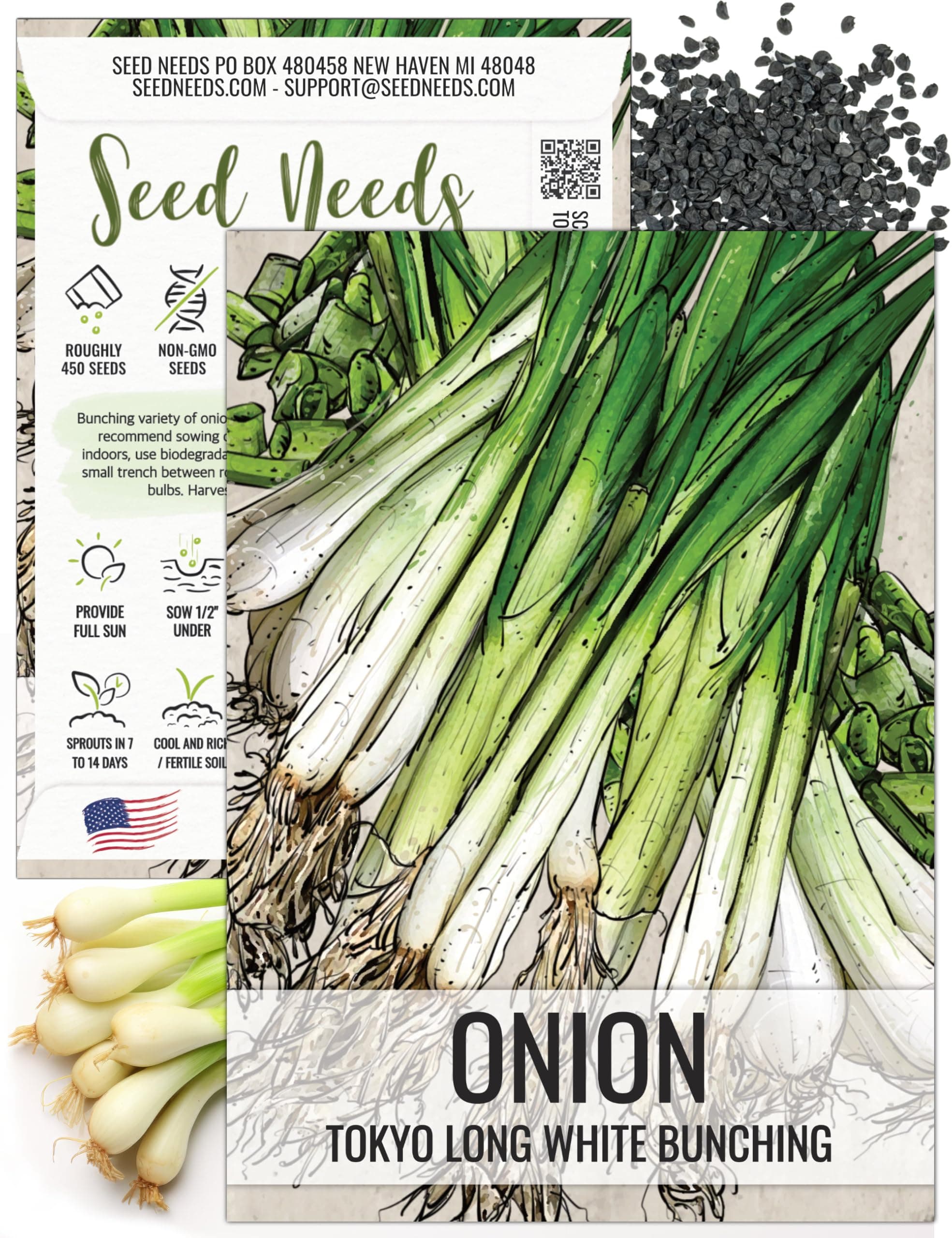 Seed Needs Onion Seeds for Planting Tokyo White Bunching Long Day Onions - Non-GMO Heirloom & Untreated Vegetable Seeds to Plant an Outdoor Home Grown Veggie Garden (1 Pack)