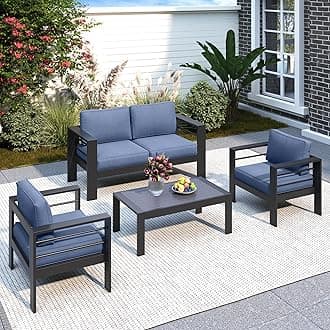 Solaste Outdoor Aluminum Furniture Set - 4 Pieces Patio Sectional Chat Sofa Conversation Set with Table,Black Frame and Blue Cushion