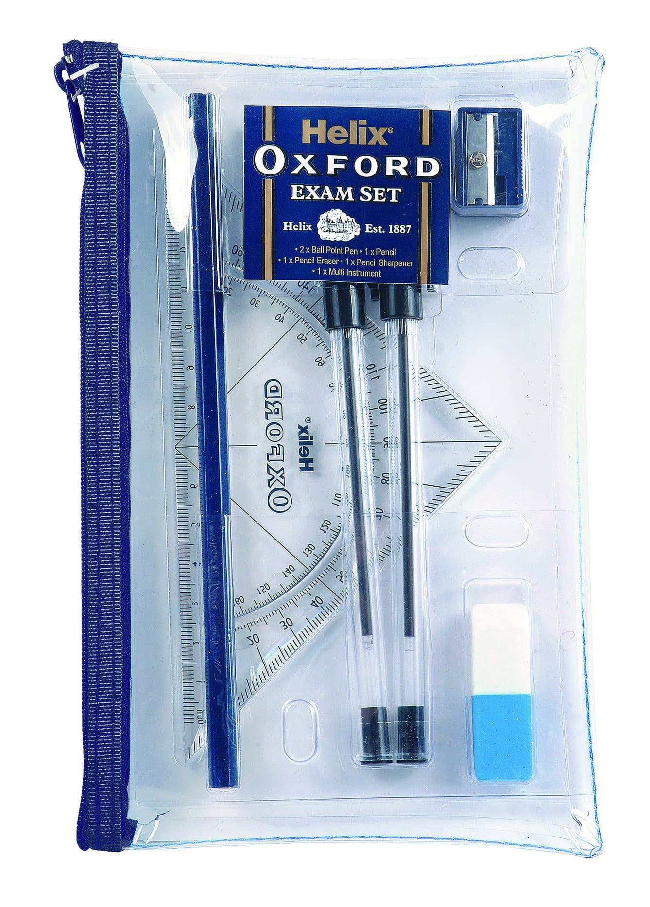 Helix Oxford Filled Exam Pencil Case Set – Clear Case with Black Ballpoint Pens, Pencil, Eraser, Sharpener & Combined Protractor/Set Square – Ideal for School & Exam Use