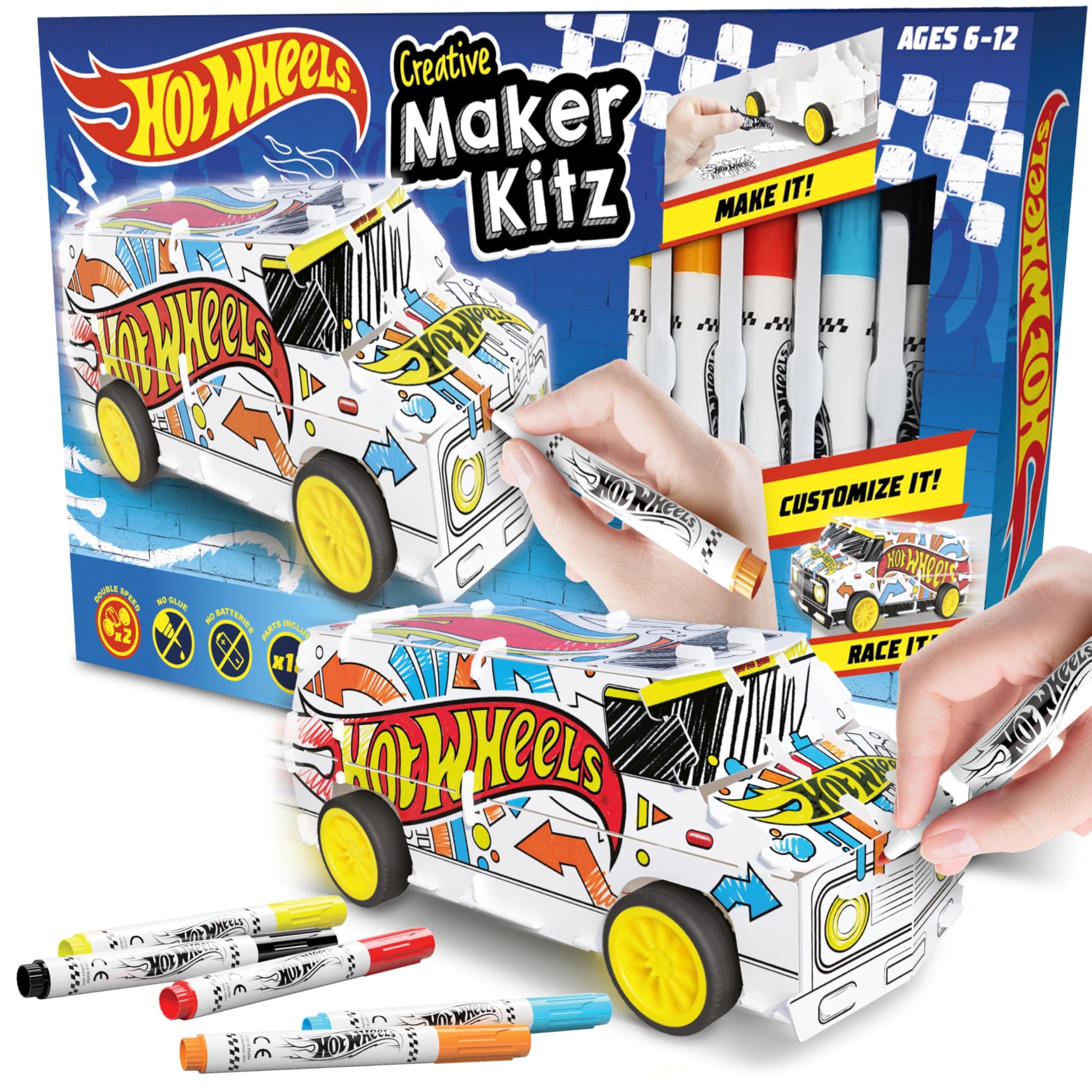 Hot Wheels Custom Super Van, DIY Van, Make Your Own/Build Your Own, Pull Back Vehicle for Kids, Customisable with pens and Stickers, Creative Maker Kitz Toyz