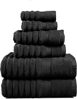 LANE LINEN 6-Piece Bath Towel Set – 100% Cotton, Quick Dry, Zero Twist, Ribbed, Luxury Towels, Includes 2 Large Bath Towels, 2 Hand Towels, 2 Washcloths, Premium Everyday Use - Black