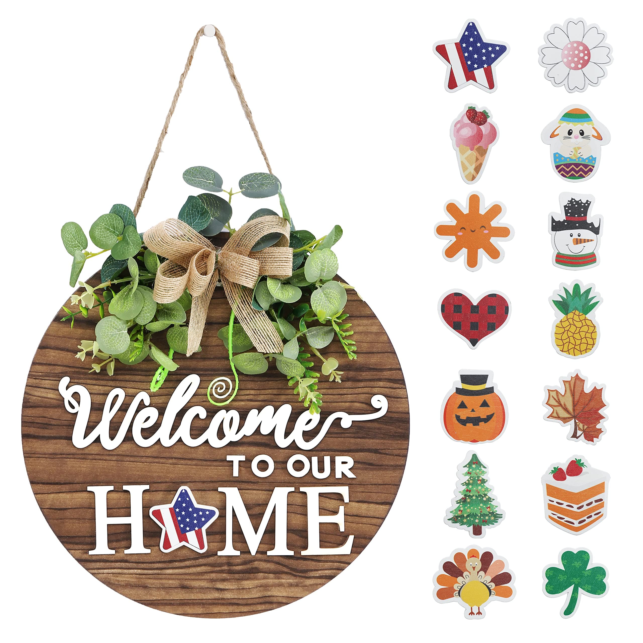 RoseCraft Interchangeable Seasonal Welcome Sign Front Door Decoration, Rustic Round Wood Wreaths Wall Hanging Outdoor, Farmhouse, Porch, for Spring Summer Fall All Seasons Holiday Halloween Christmas.