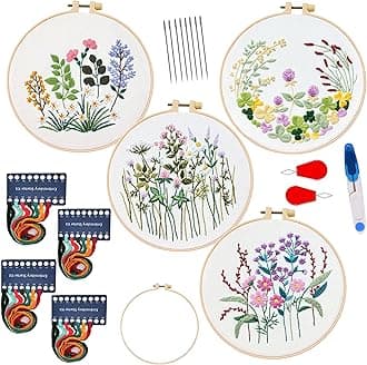 Maydear4 Sets Embroidery kit,Embroidery Kit for Beginners Adults Punch Needle Kit Cross Stitch Kits with Embroidery Hoop and Instructions,Hand Embroidery Starter Kit (Flower)