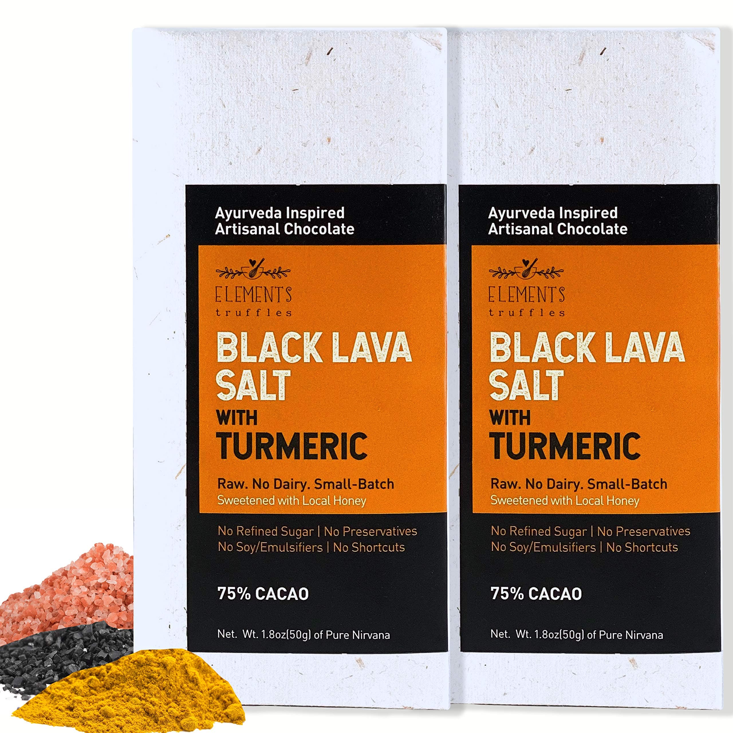 Elements Truffles Black Lava Salt Chocolate Bar w/Turmeric - Heavy Metal Tested - Dairy Free - Paleo Friendly, Gluten Free, Non-GMO, Raw, Organic - Ayurveda Inspired Healthy Chocolate Bar - 2 Pack