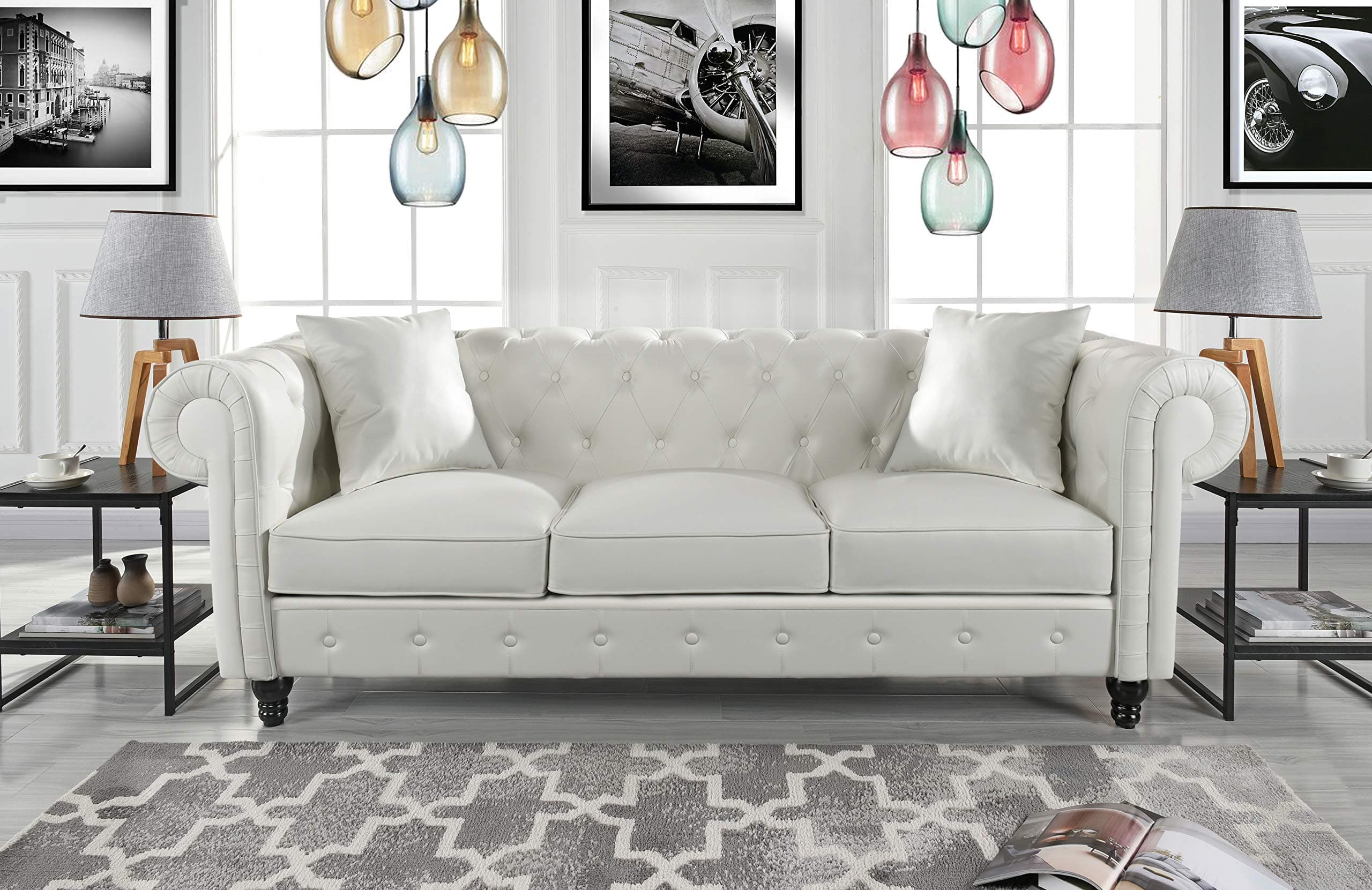 Classic Large Living Room Bonded Leather Scroll Arm Chesterfield Sofa (White)