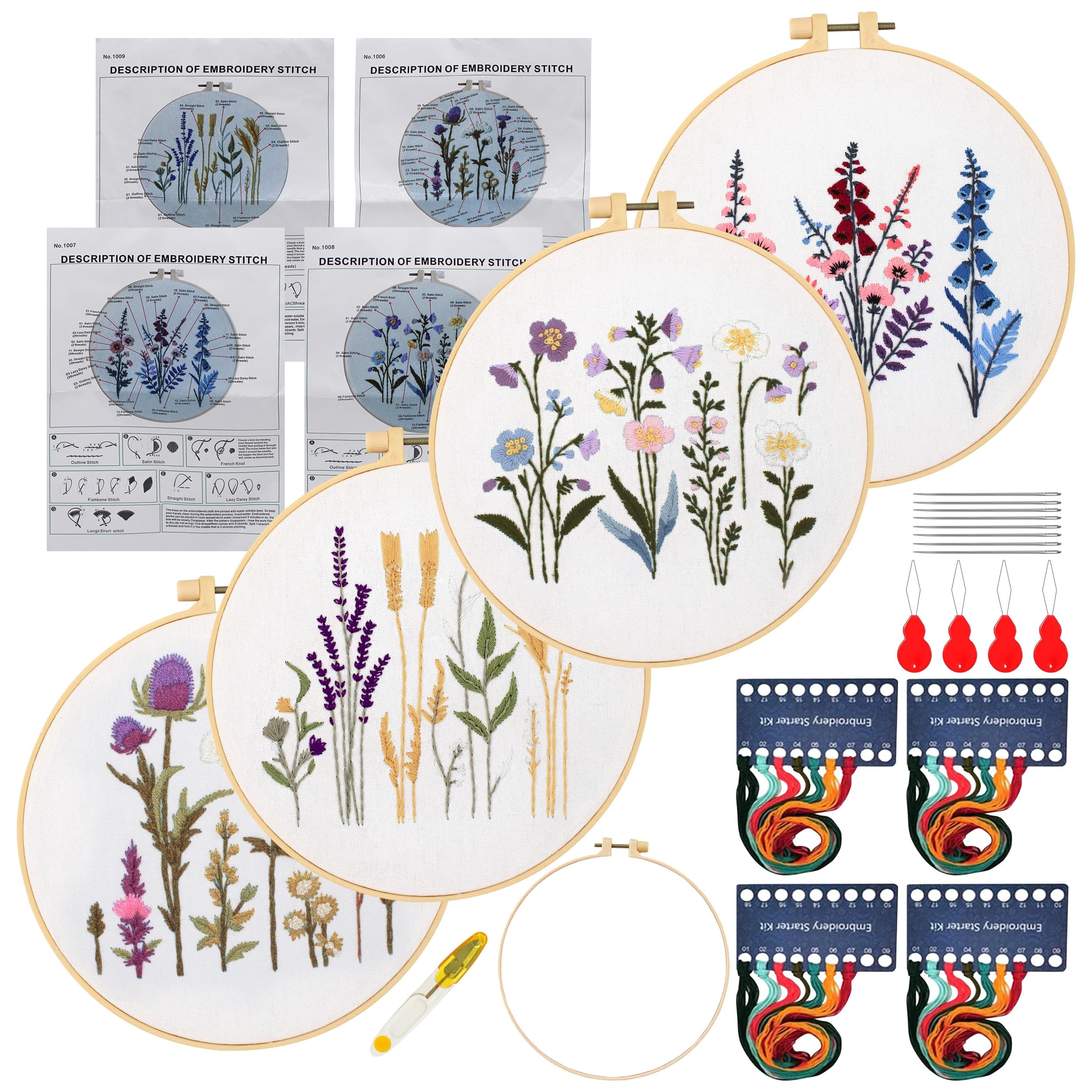Maydear 4 Packs Embroidery Starter Kit with Pattern, Stamped Cross Stitch Kits for Beginners Adults with Embroidery Hoop and Instructions, Hand Embroidery Kit (Many Flowers)