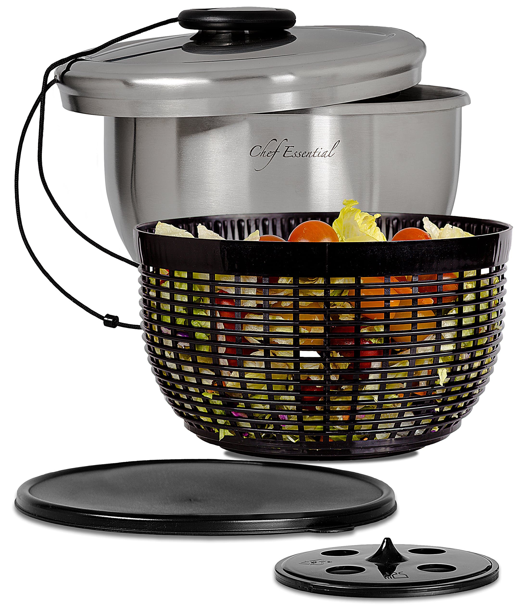 Chef Essential Stainless Steel Salad Spinner with Non-Slip Serving Bowl, Colander and Strorage Lid