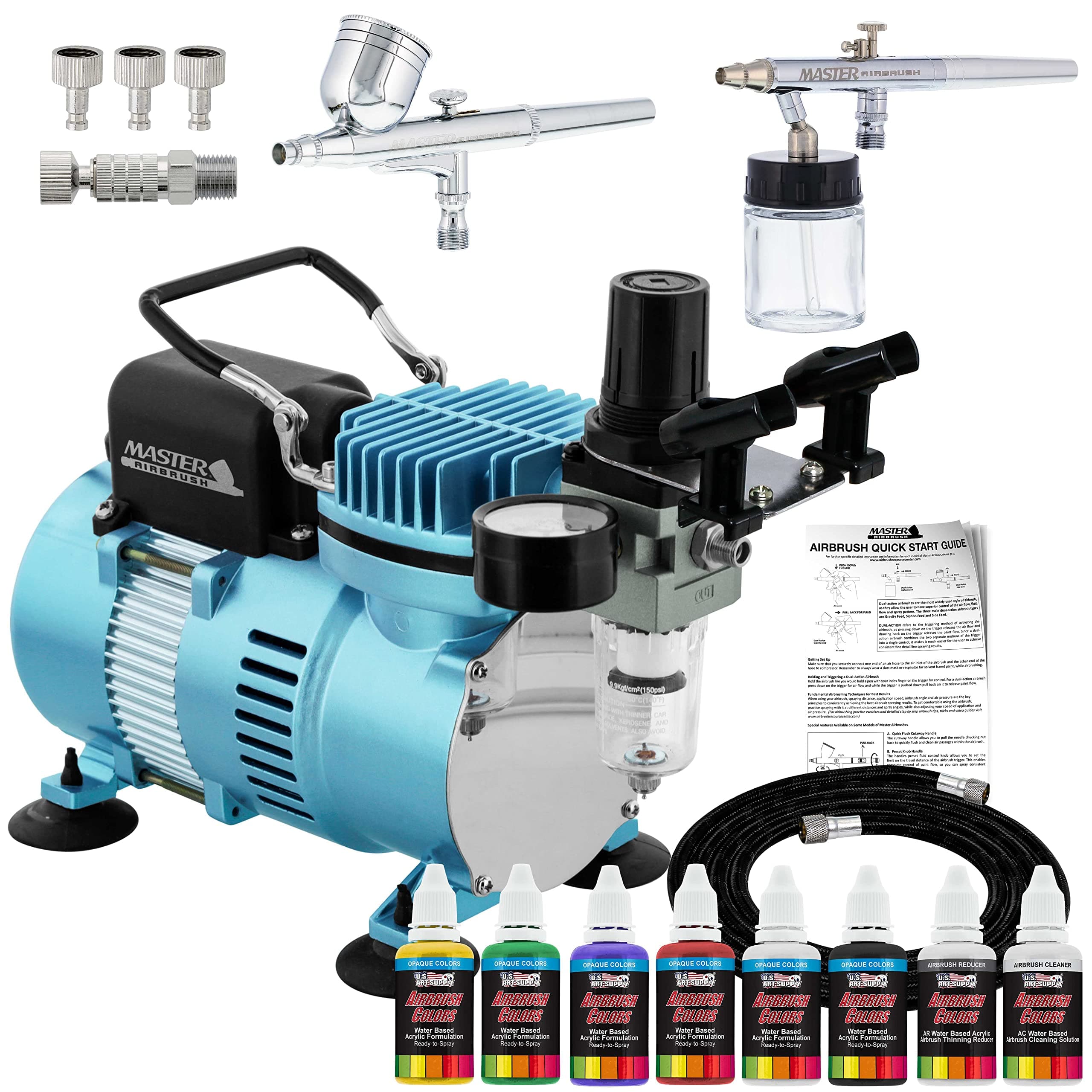 Master Airbrush Cool Runner II Dual Fan Air Compressor Airbrushing System Kit with 2 Professional Airbrushes, Gravity and Siphon Feed - 6 Primary Opaque Colors Acrylic Paint Artist Set - How to Guide