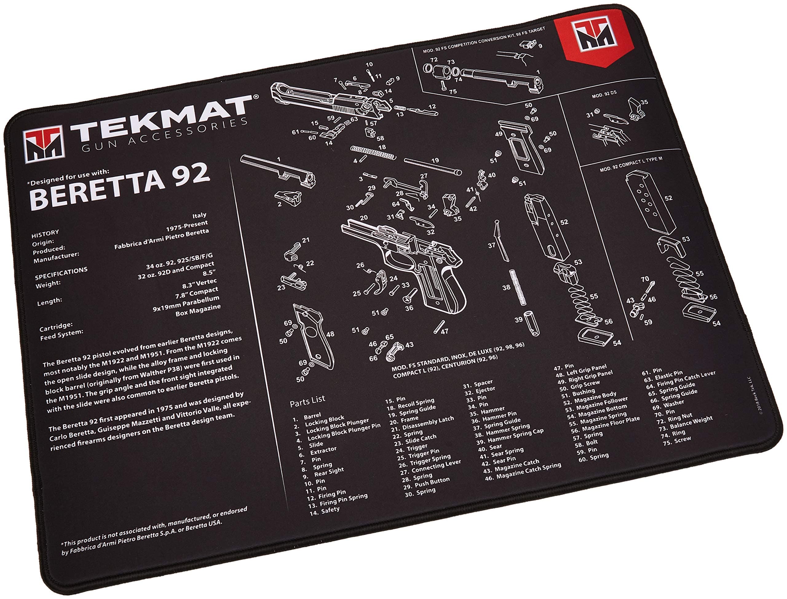 TekMatUltra Cleaning Mat for use with Beretta 92 Black ,15" x 20"