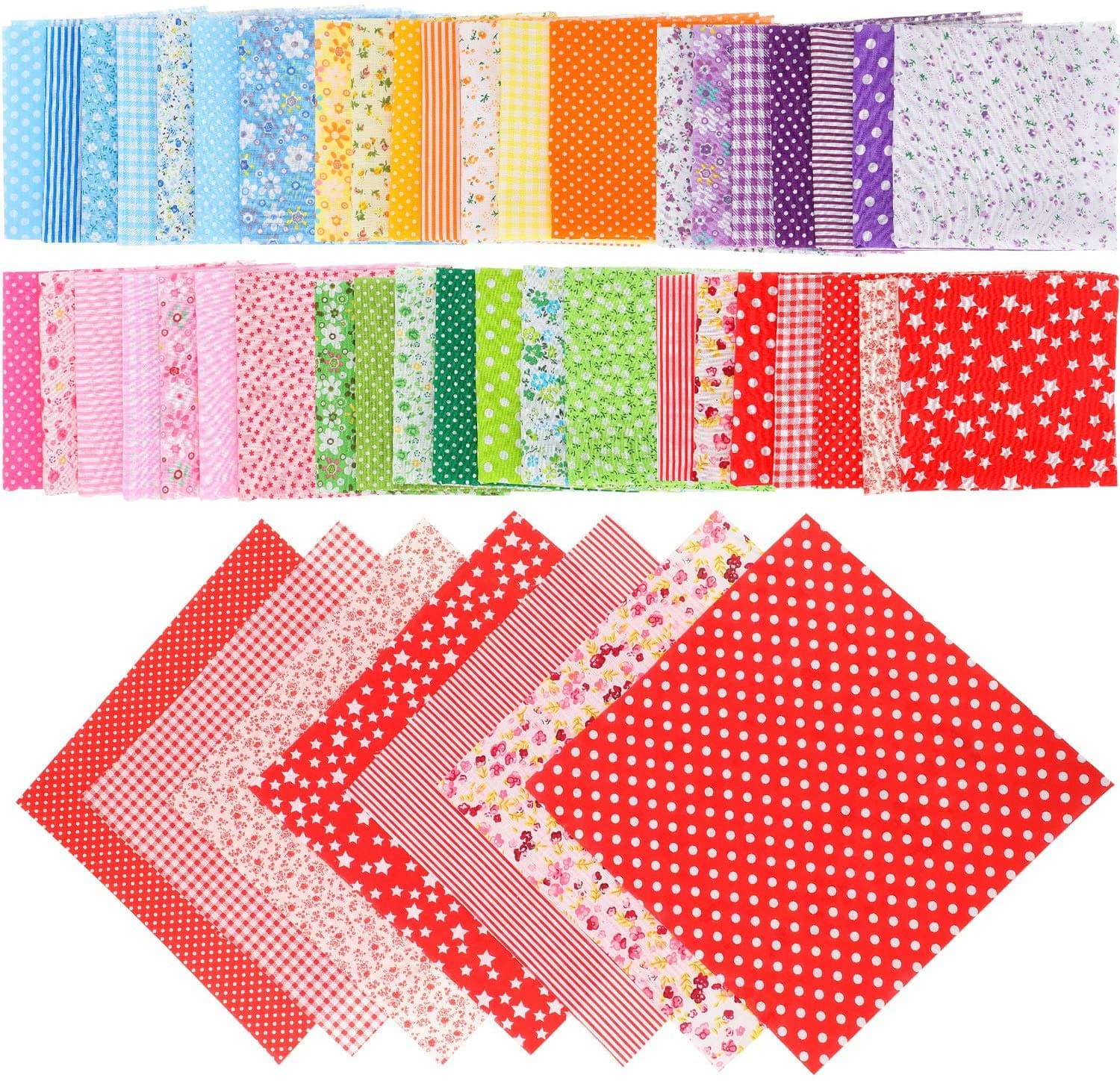 DELFINO 42-Piece Quilt Squares Bundle - Cotton Fabric - Assorted Polka Dots, Stripes, Gingham, Prints, Flowers - 9.5 x 9.5 Inch - Multicolor