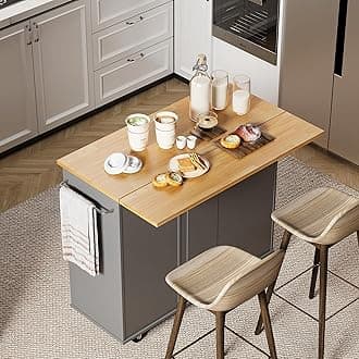 Shintenchi Rolling Kitchen Island Cart with Folding Drop Leaf Breakfast Bar, Portable Trolley Island with Large Storage Cabinet, Shelf and Drawer, Gray