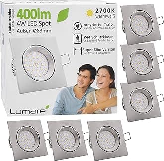 Lumare 4W LED Recessed Spotlight Set of 6 | Spotlights Ceiling Lights | 400lm | Extra Shallow 27mm | Angular Recessed Light | 230V | IP44 2700K | Energy-Efficient | Warm White | Downlights for Ceiling
