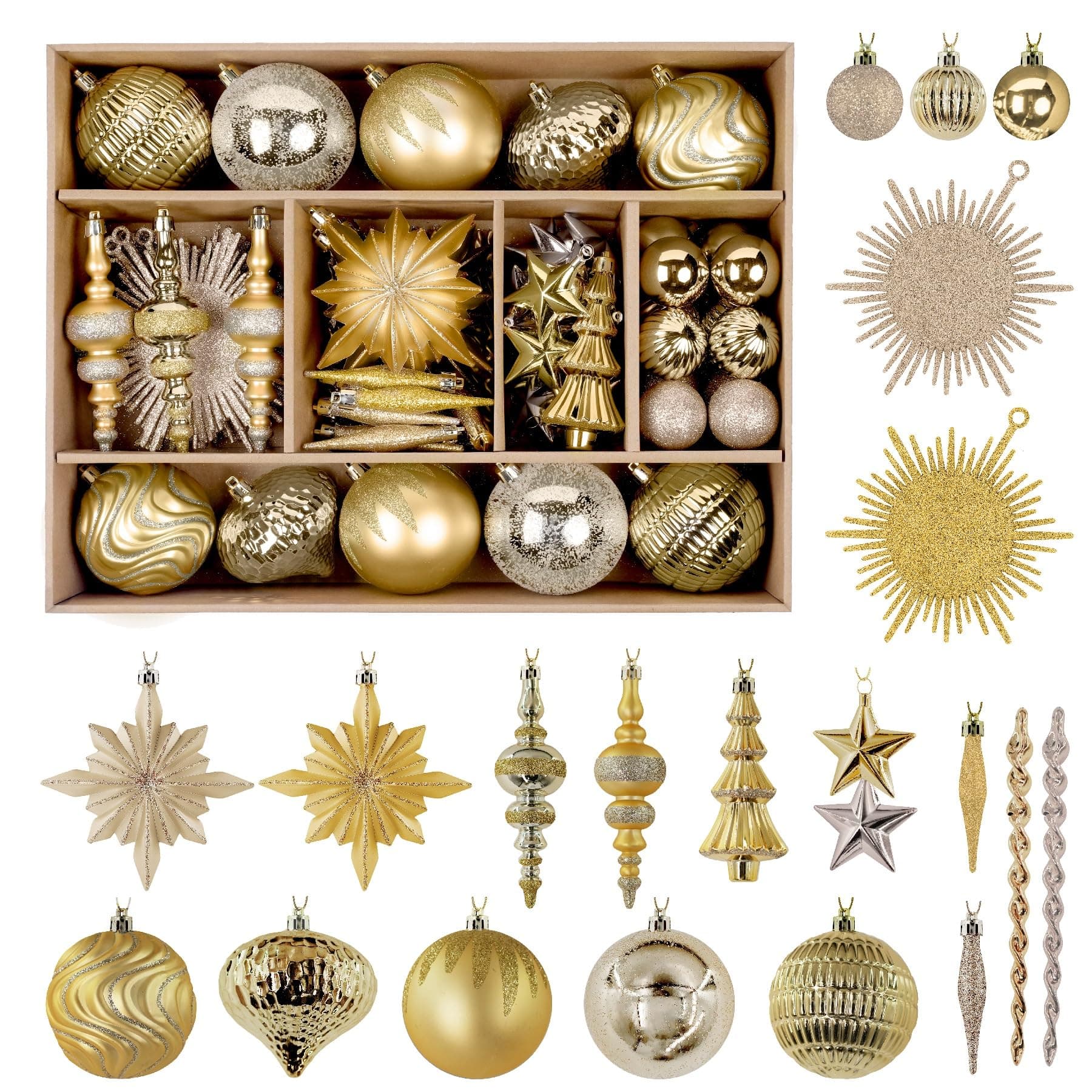 SHareconn 80pcs 4-12.5cm Christmas Baubles Set, Shatterproof Plastic Gold Baubles for Christmas Tree Decorations, Holiday Party Decorations, with Hanging String, Dark and Light Gold