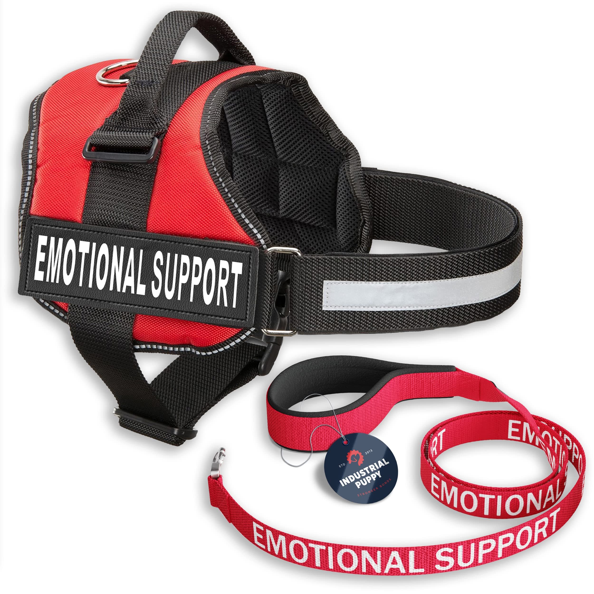 Industrial Puppy Emotional Support Vest Harness with Hook, Loop Straps and Handle, 2 Reflective Emotional Support Self-Adhesive Straps, Detachable, ESA Matching Leash Set, Dog Accessories, Large, Red