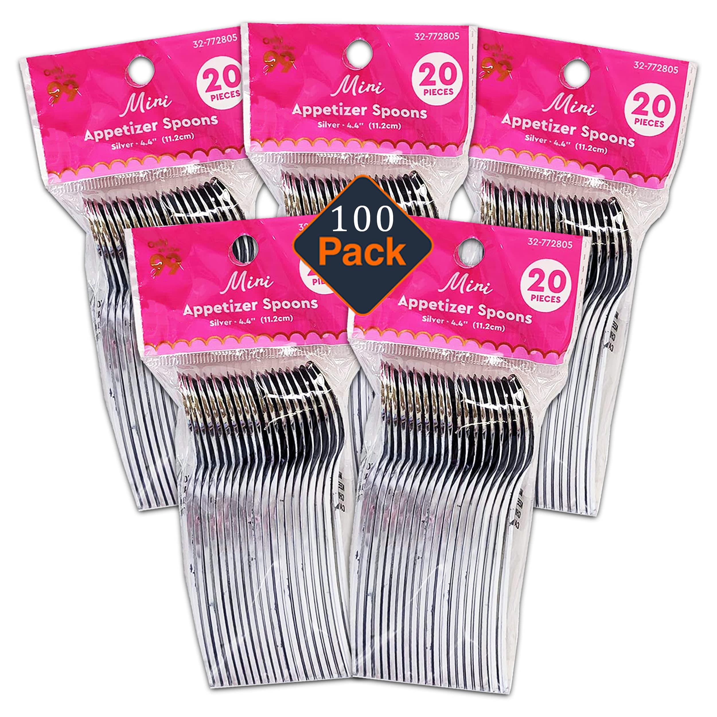 Crenstone Appetizer ForksSpoons Value Pack - 100 Silver Mini Spoons for s (Disposable)