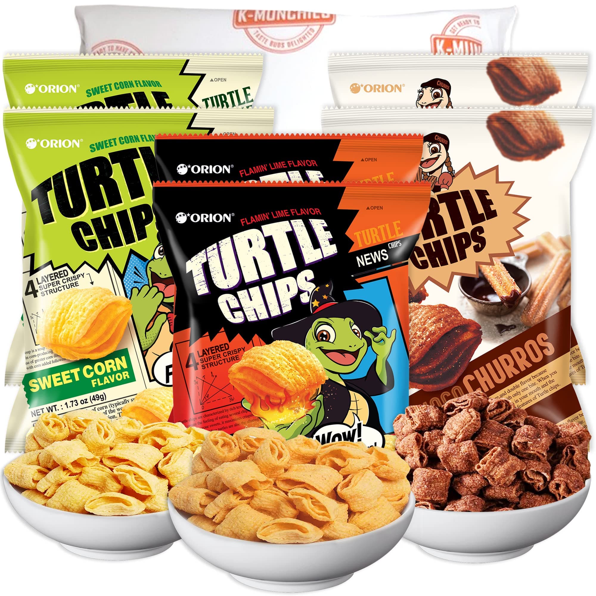 K-Munchies Orion Turtle Chips - 6 Variety Packs, 49g - Choco Churro (2), Sweet Corn (2), and Flamin' Lime Korean (2) - Savory, Crispy Korean Snacks - On-The-Go Korean Corn Snack Chips