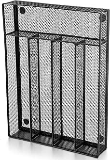 – E-far Kitchen Drawer Organizer, Mesh Wire Utensil Tray Drawer Organizer, Black Narrow Metal Silverware Flatware Cutlery Holder/Divider with Foam Feet, 5 Compartment & Small Size - 12.5 x 9.25-Inch