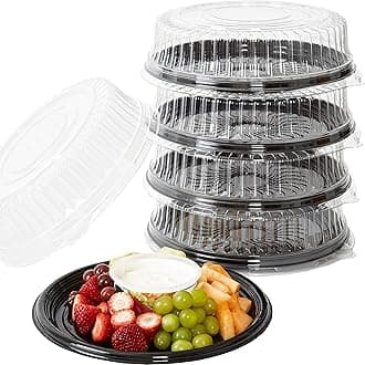 Heavy Duty, Recyclable 12 in. Serving Tray and Lid 5pk. Large, Black Plastic Party Platters with Clear Lids Dishware Plate, Elegant Round Banquet or Catering Trays for Serving Appetizers