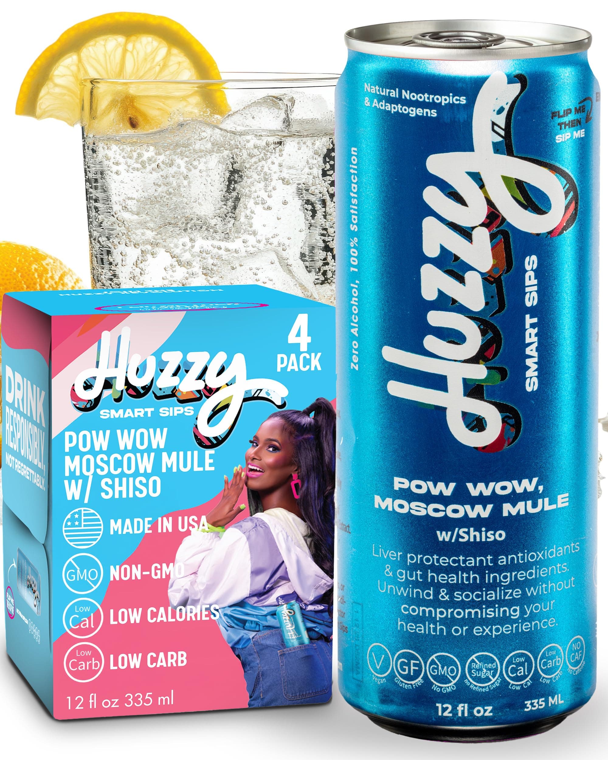 Non Alcoholic Drinks - Moscow Mule Inspired Beverage, Alcohol Free Functional Cocktails Alternative - Low Calorie, Low Carb, No Refined Sugar, No Caffeine & Artificial Colors - 4 Pack