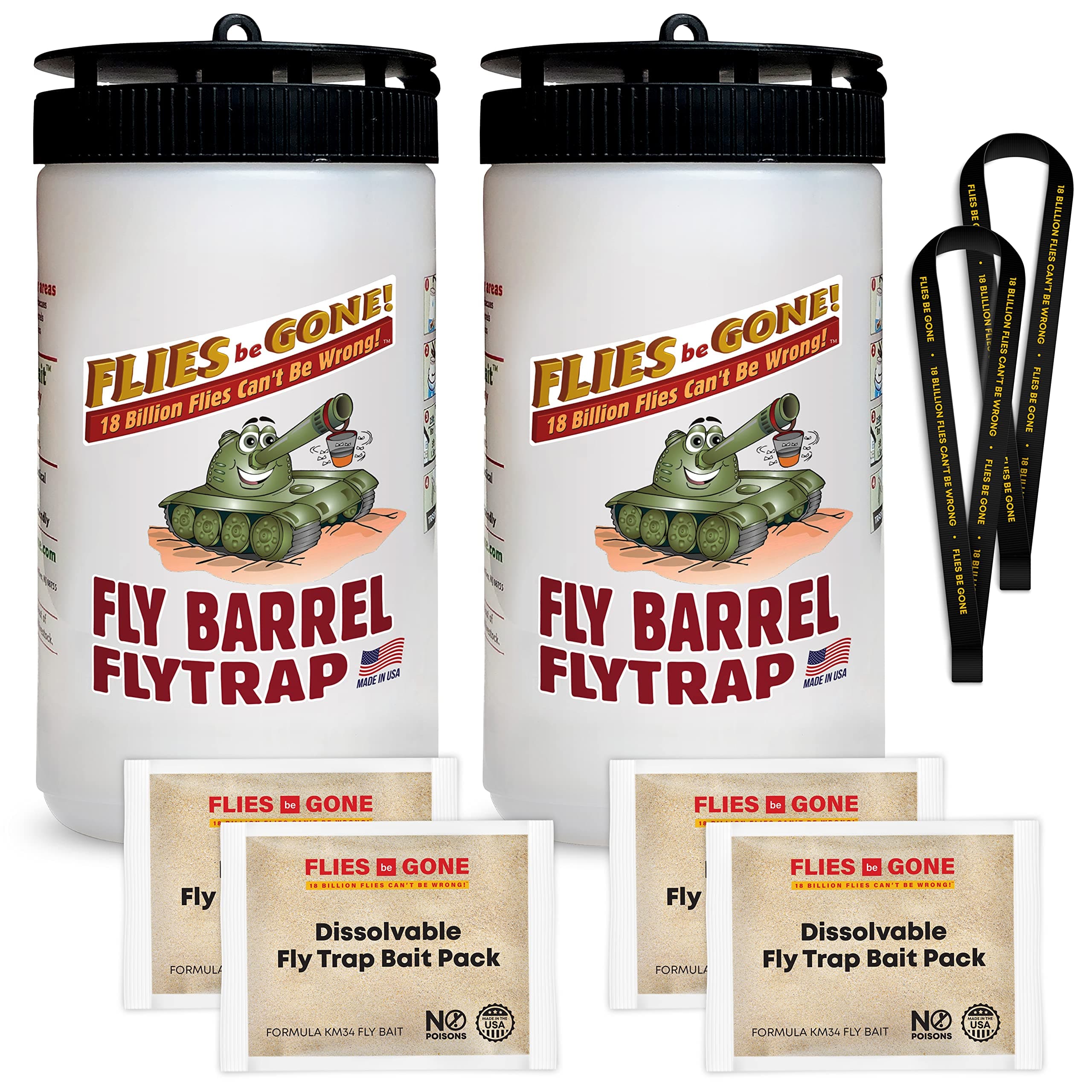 Flies Be GoneOutdoor Fly Traps 2-Pack Reusable – with 2 Dissolvable Fly Attractant Refill Packets & 2 Suspension Strap - Best Non-Toxic Fly Catcher for Your patios, Home and Commercial Use