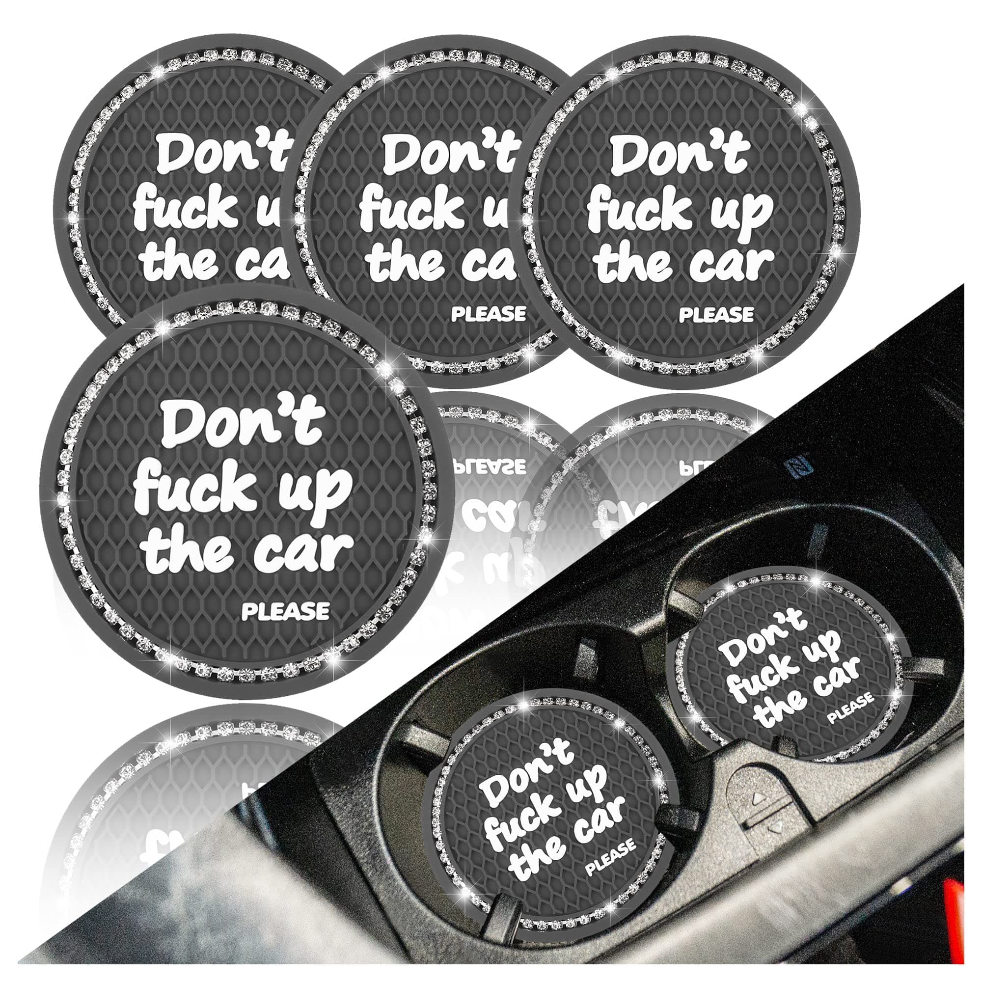 4 Pack Crystal Cup Holder Coaster Car Decoration,Bling Car Interior Accessories for Women,2.76inch Anti-Slip&Shockproof Car Coaster,Universal Rhinestone Car Accessories (Bling-gray-4pcs)