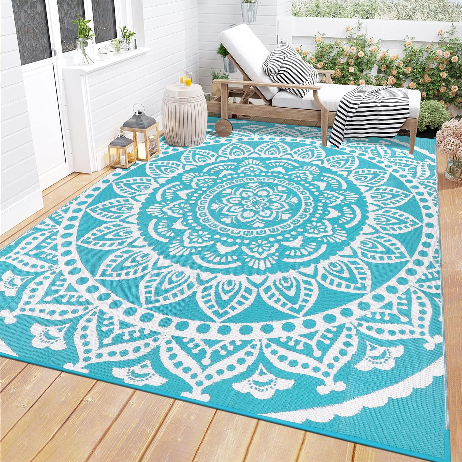 Waterproof Outdoor Rug 6'x9' Reversible Boho Plastic Straw Patio Deck Camping Rugs, Indoor Outdoor Portable RV Mat Clearance Carpet for Outside, Porch, Balcony, Backyard, Beach, Pool,Teal