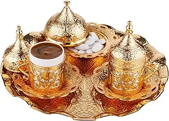 DEMMEX 2024 Turkish Greek Arabic Coffee Serving Set with Cups, Saucers, Cup Holders, Lids, Sugar Bowl & Lid and Tray, 11 Pcs (Gold), Medium