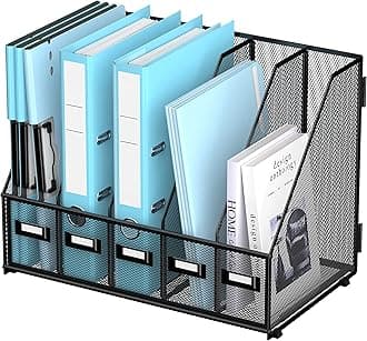SUPEASY Desk Organizers Metal Desk Magazine File Holder with 16''x12''x12'' 5 Vertical Compartments Rack File Organizer for Office Desktop, Home Workspace, Black Plus