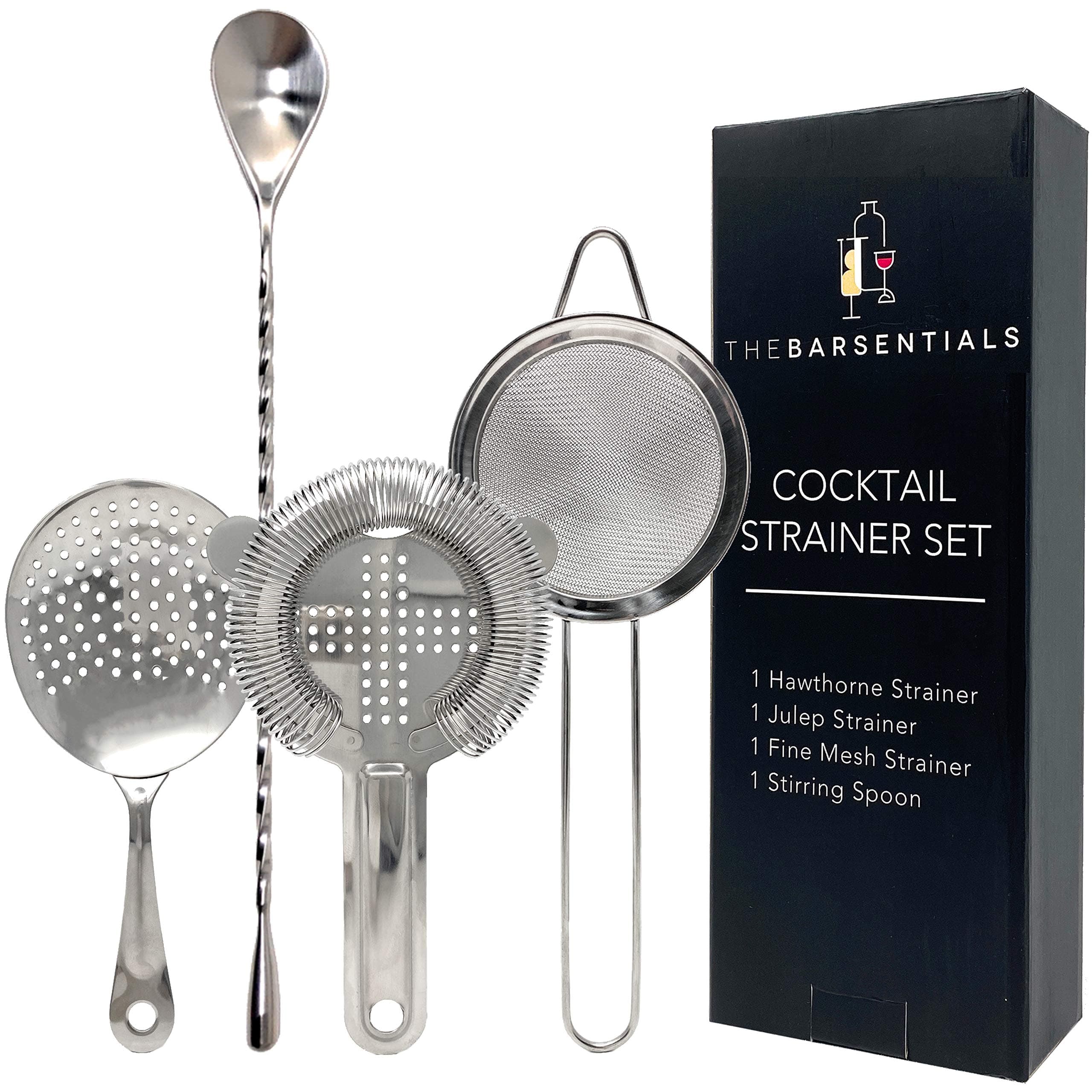 TheBarsentials Stainless Steel Cocktail Strainer Bar Tool Set with Stirring Spoon - Hawthorne Strainer, Julep Strainer, Fine-Mesh Strainer / Sifter