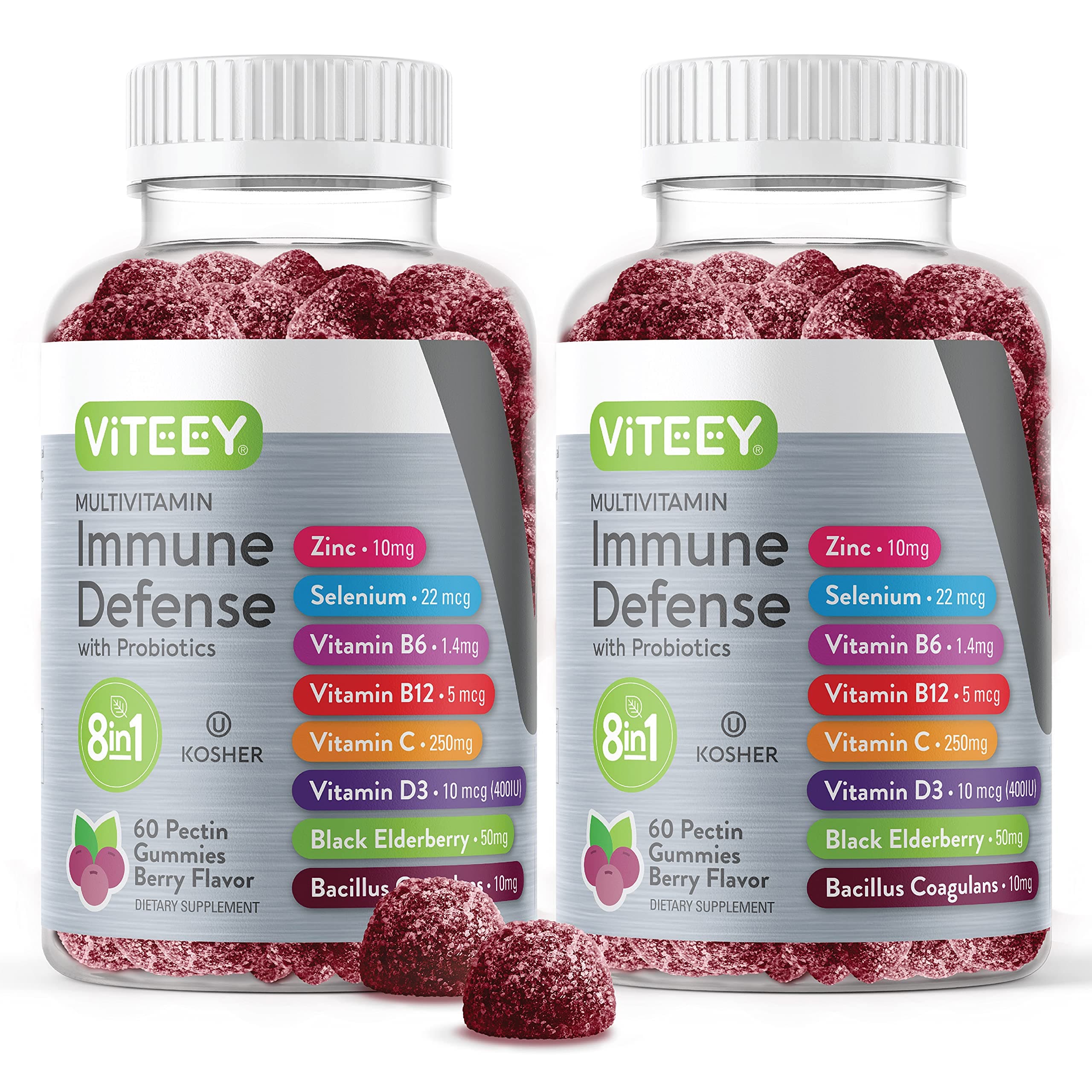 Viteey Multivitamin Gummies 8 in 1 Immune Support Supplement with Probiotics - Immune Boosters for Adults & Teens - Vegetarian, Gelatin Free, GMO Free - Chewable Berry Flavored Pectin Immune Defense