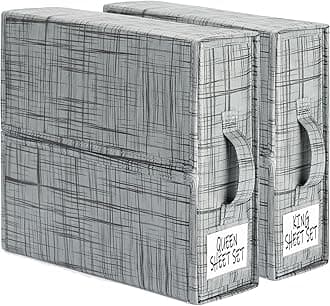 SUOCO SheetCube Foldable Bed Sheet Set Organizer 2 Pack (Queen or King Size), Fabric Storage Bins for Bed Sheets, Duvet Covers and Pillowcases, Linen Closet Organizer for Bedding Clothes Towels, Grey