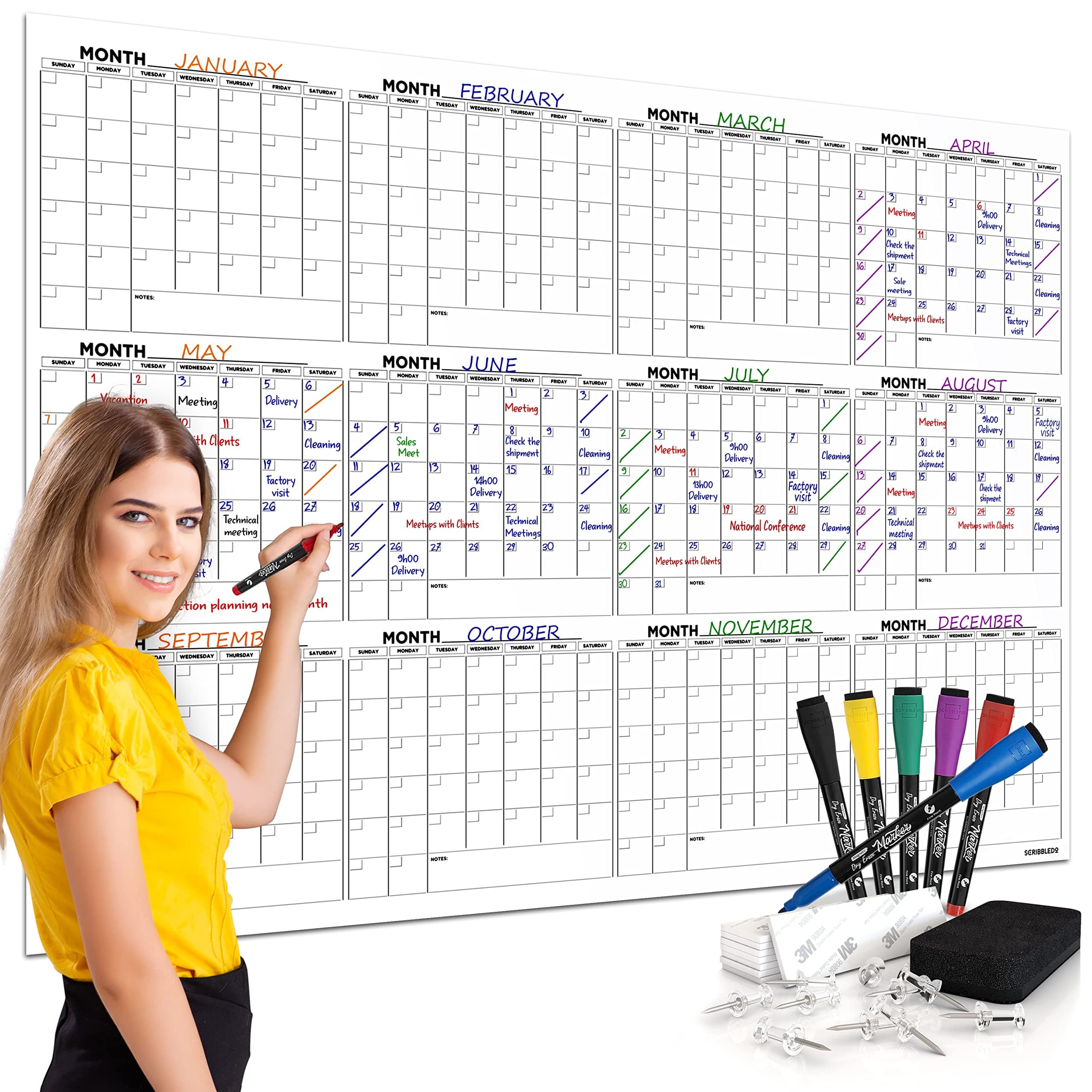 Large 36"x48" White Board Calendar for Wall 12 Month Planner Board Big Dry Erase Wall Calendar Monthly Large Includes 6 Markers Eraser Push Pins & Mounting Tape