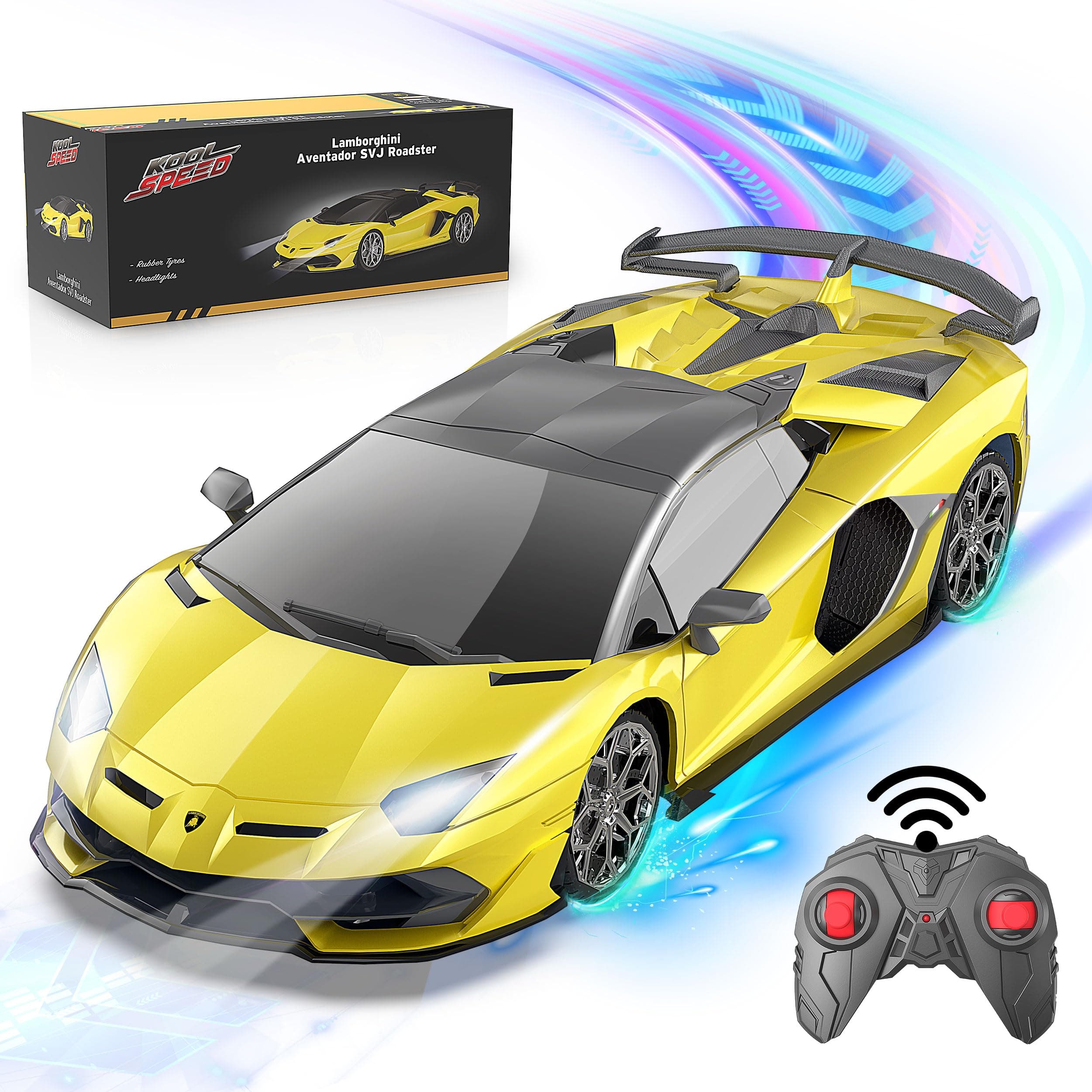 Officially Licensed Lamborghini Remote Control Car, 1:24 Scale Lamborghini SVJ Roadster Remote Control Sport Racing Toy Car for 3 4 5 6 7 8+ Year Old Boy/Girls Birthday, Yellow